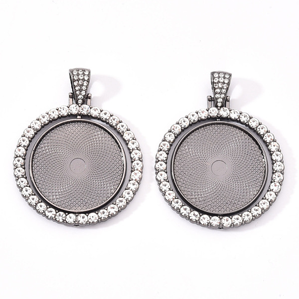PandaHall Alloy Pendant Cabochon Settings, with Crystal Rhinestone, Cadmium Free & Lead Free, Double-sided Tray, Flat Round, Gunmetal, Tray