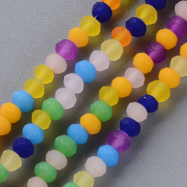 

PandaHall Frosted Glass Beads Strands, Faceted Rondelle, Mixed Color, 3x2.5mm, Hole: 0.6mm, about 192~199pcs/strand, 16.54 inch~16.93 inch..., Multicolor