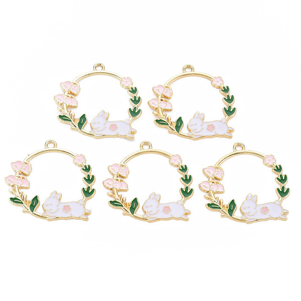 

PandaHall Alloy Enamel Pendants, Cadmium Free & Nickel Free & Lead Free, Light Gold, Ring with Rabbit, Pink, 28.5x31x1.5mm, Hole: 2mm...