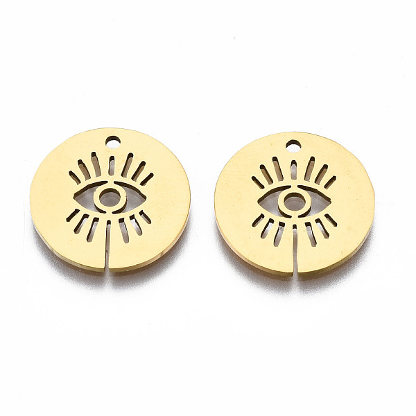 

PandaHall 201 Stainless Steel Pendants, Laser Cut, Flat Round with Eye, Golden, 15.5x15.5x1mm, Hole: 1.4mm 201 Stainless Steel Eye