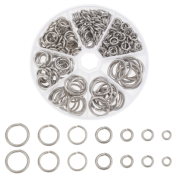 

PandaHall 226Pcs 7 Styles 304 Stainless Steel Open Jump Rings, Round Ring, Stainless Steel Color, 8~20x1.5~2mm, Inner Diameter: 5~16mm 304...