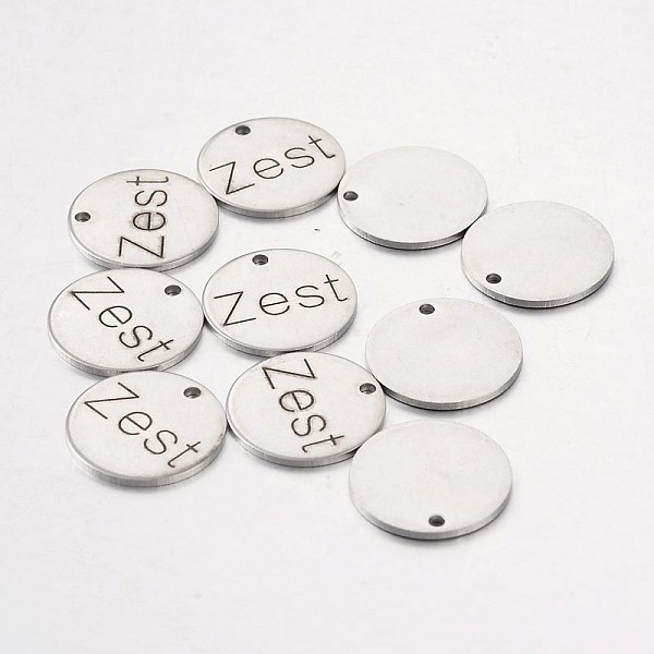 

PandaHall Stainless Steel Pendants, Flat Round with Word Zest, Stainless Steel Color, 15x1mm, Hole: 1.3mm Stainless Steel Flat Round