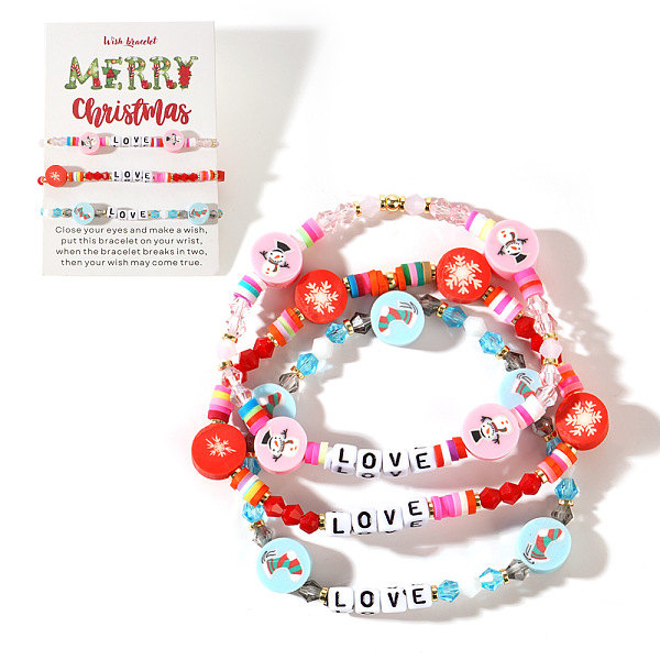 3Pcs Christmas Theme Handmade Polymer Clay & Glass Bicone Beads Stretch Bracelet Sets, with Word Love, Mixed Color, 6-7/8 inch(17.5cm)