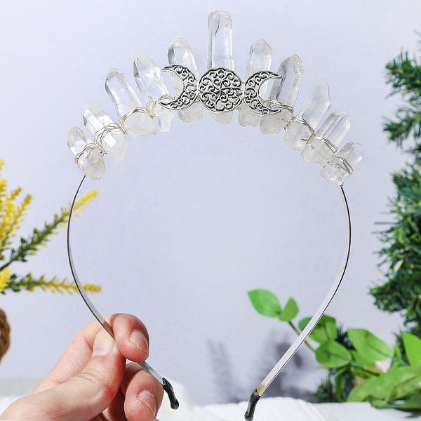 

PandaHall Raw Natural Quartz Hair Bands, Triple Moon Metal Hair Bands, for Women Girls, Clear, 180x125x20mm Quartz Moon Clear