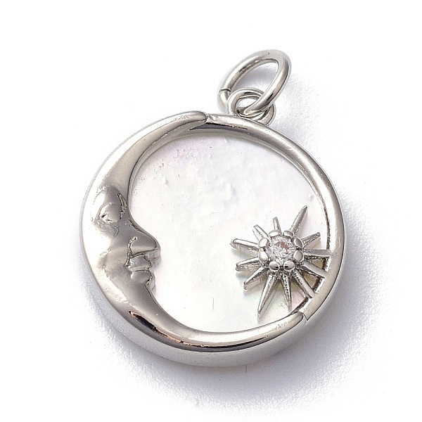 

PandaHall Rack Plating Brass Micro Pave Clear Cubic Zirconia Pendants, with Shell & Jump Ring, Long-Lasting Plated, Flat Round with Moon &...