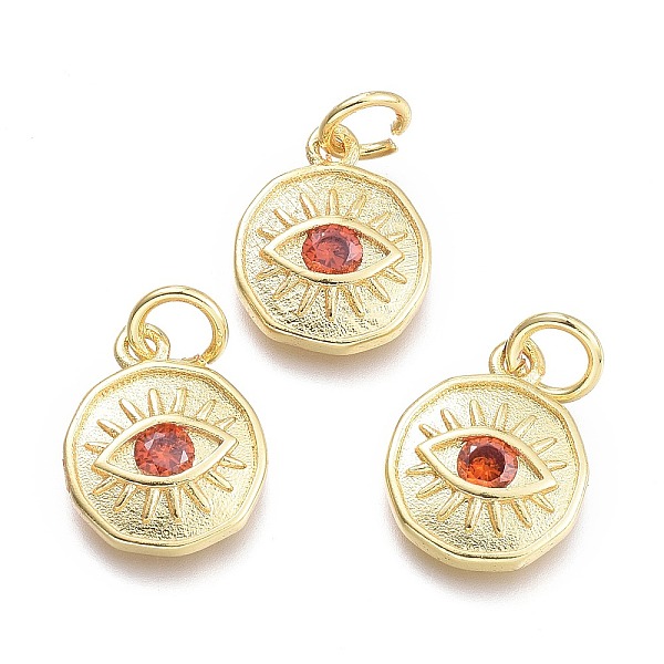 

PandaHall Brass Micro Pave Cubic Zirconia Pendants, with Jump Ring, Flat Round with Eye, Real 18K Gold Plated, Indian Red, 12x10x2mm, Jump...