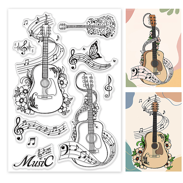 PandaHall PH Music Clear Stamps Guitar Flower Silicone Rubber Stamp Film Frame Transparent Seal Stamps for Music Festival Party Invitation...