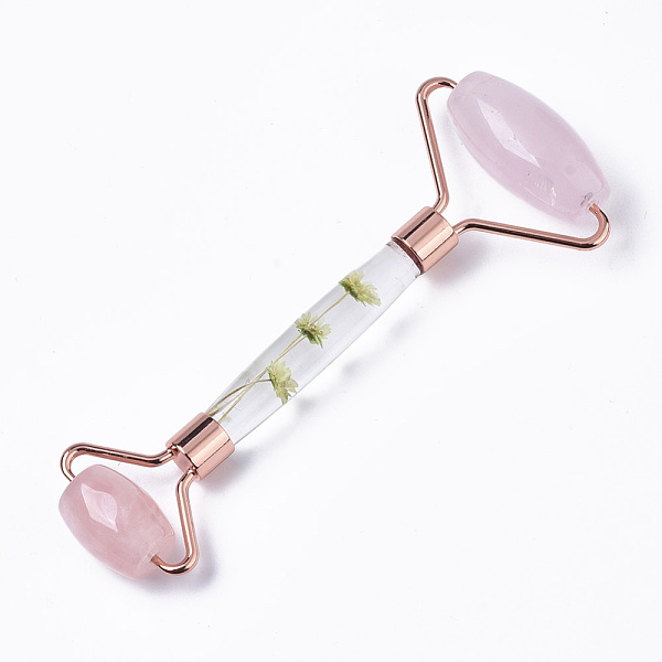 

PandaHall Natural Rose Quartz Massage Tools, Facial Rollers, with K9 Glass & Dried Flower Handle & Zinc Alloy Findings, Rose Gold...