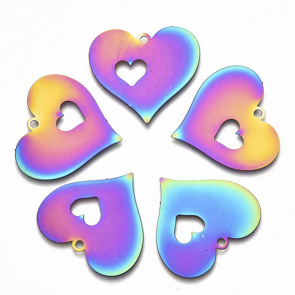 

PandaHall Valentine's Day Ion Plating(IP) 201 Stainless Steel Pendants, Etched Metal Embellishments, Heart with Heart, Rainbow Color...