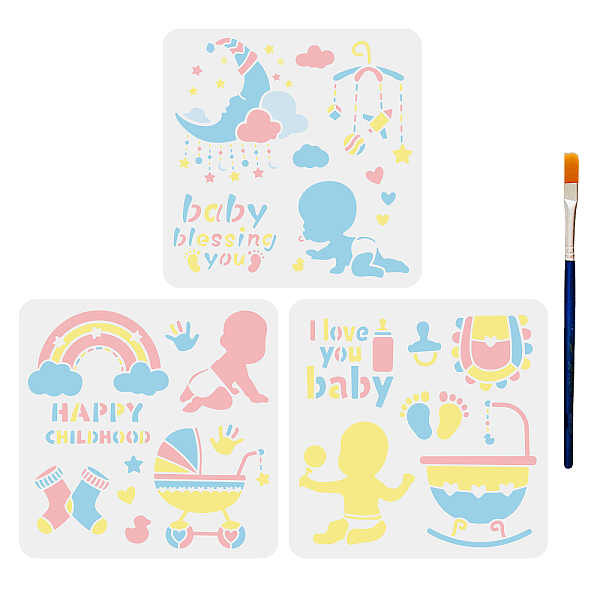 

PandaHall MAYJOYDIY 3pcs Baby Theme Stencils Template 11.8×11.8inch Rainbow Moon Baby Bottle Stroller Pattern with Paint Brush Reusable...