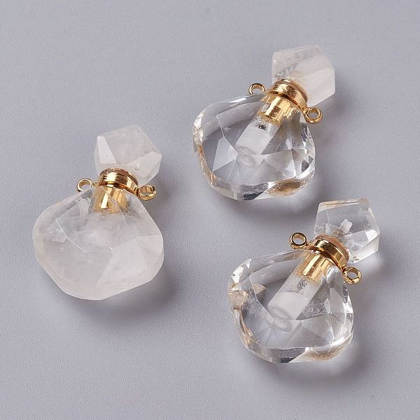 PandaHall Rhombus Natural Quartz Crystal Perfume Bottle Pendants, with 304 Stainless Steel Findings, Faceted, Golden, 26~27x17~17.5x8~8.5mm...