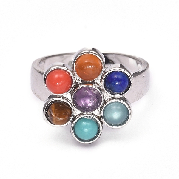 

PandaHall Chakra Jewelry, Natural & Synthetic Mixed Stone Cuff Finger Rings, with Glass and Brass Findings, Flower, Size 8, 18mm Mixed Stone