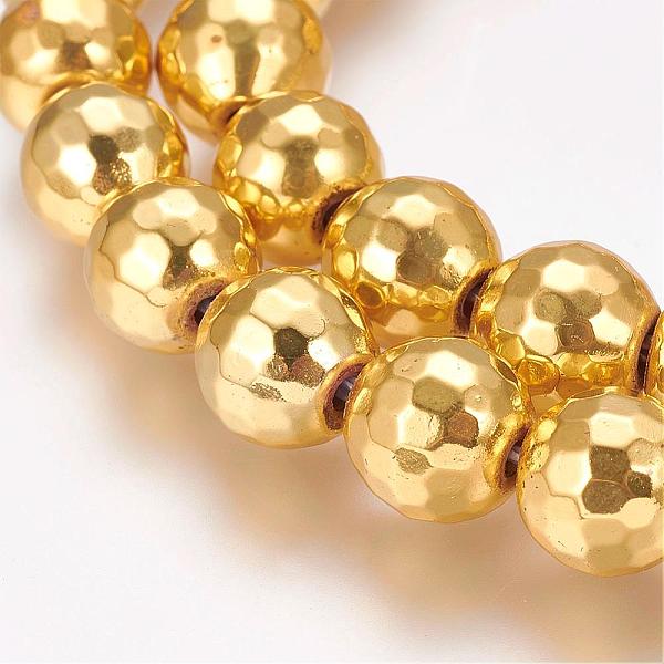 

PandaHall Grade AA Non-Magnetic Synthetic Hematite Bead Strands, Round, Faceted(128 Facets), Golden Plated, 10mm, Hole: 1.5mm, about...