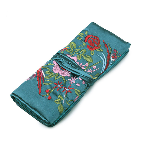 

PandaHall Retro Rectangle Silk Zipper Roll Pouches, Embroidery Flower Jewelry Storage Bags with Drawstring Rope, Teal, 20x9cm, Open: 27x20cm..., Cyan