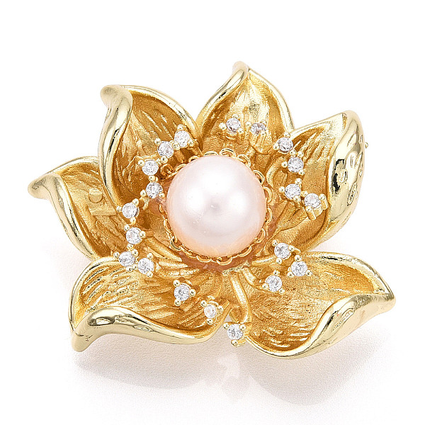 

PandaHall Natural Pearl Flower Brooches for Women, Brass Pave Cubic Zirconia Pins, Real 14K Gold Plated, 29.5x36x18mm Brass Flower