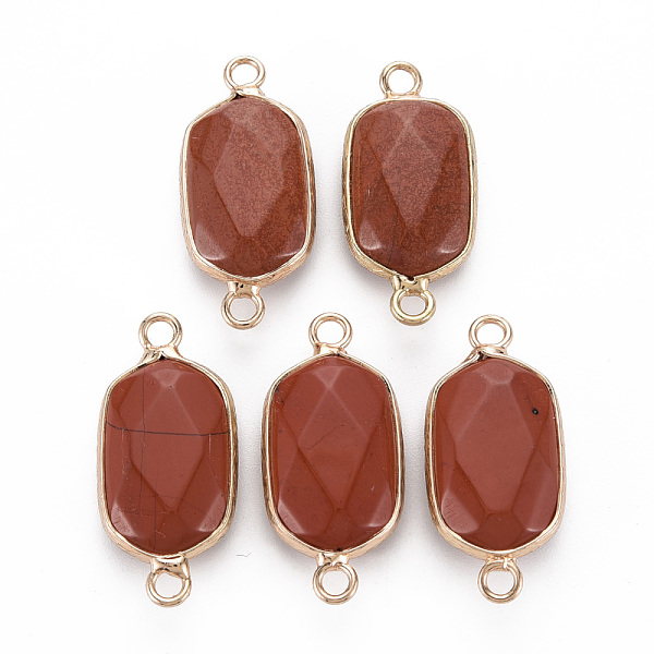 

PandaHall Natural Red Jasper Link Connectors, with Golden Plated Brass Edge and Loop, Faceted, Oval, 29x13x6~7mm, Hole: 2mm Red Jasper Oval