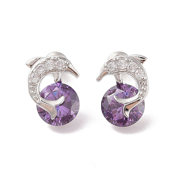 

PandaHall Rack Plating Brass Micro Pave Cubic Zirconia Stud Earrings, Long-lasting Plated, Dolphin with Flat Round, Purple, 14.5x11mm Cubic...