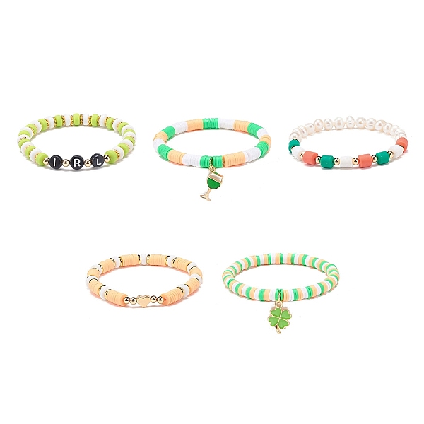 

PandaHall Saint Patrick's Day Freshwater Pearl & Handmade Polymer Clay Heishi Stretch Bracelets Sets, Clover & Wine Cup Alloy Enamel Charm..., Multicolor