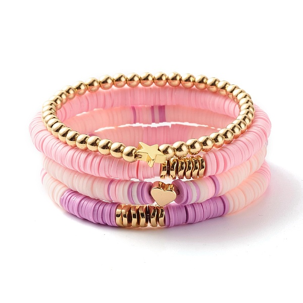 

PandaHall Synthetic Hematite & Polymer Clay Heishi Beads Stretch Bracelets Set, Yoga Bracelet, Heart & Star Brass Beads Bracelets for Men..., Pink