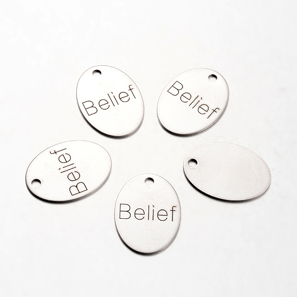 

PandaHall Spray Painted Stainless Steel Pendants, Oval with Word Belief, Stainless Steel Color, 30x22x1mm, Hole: 3mm Stainless Steel Oval