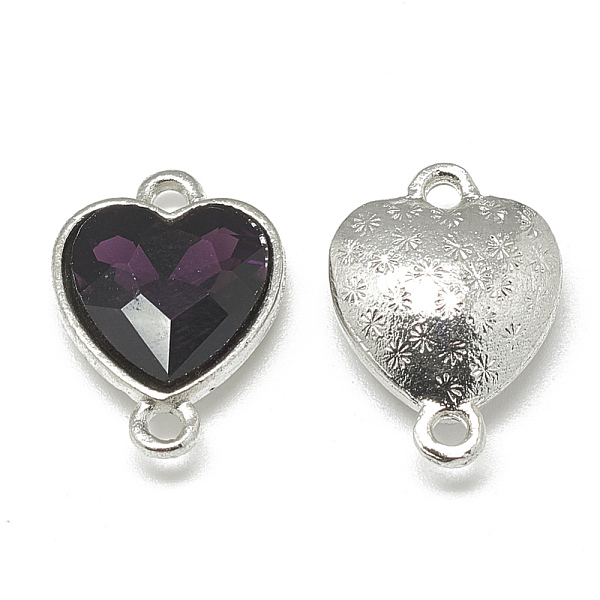 PandaHall Alloy Glass Links connectors, Faceted, Heart, Platinum, Purple, 19.5x14x6.5mm, Hole: 1.5mm Alloy+Glass Heart Purple