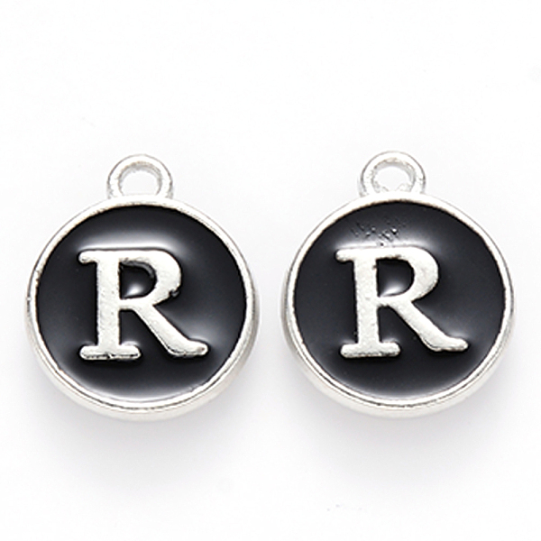 

PandaHall Platinum Plated Alloy Charms, Cadmium Free & Lead Free, with Enamel, Enamelled Sequins, Flat Round with Letter, Letter.R..., Black