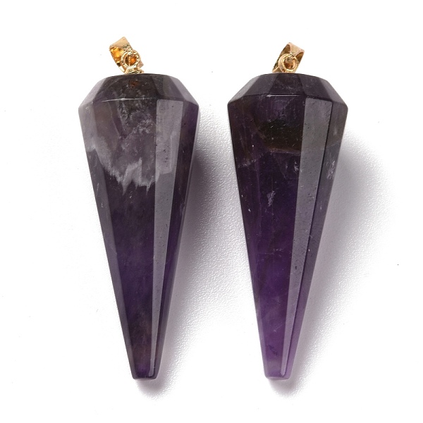 

PandaHall Natural Amethyst Pendants, with Brass Findings, Faceted, Cone/Spike/Pendulum, Real 18K Gold Plated, 42~44x15~16mm, Hole: 3.6x4mm...