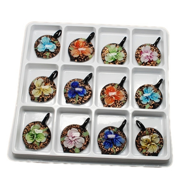 

PandaHall Handmade Gold Sand Lampwork Pendants, Flower, Mixed Color, 51x36x14mm, Hole: 8mm, 12pcs/box Lampwork Flower Multicolor