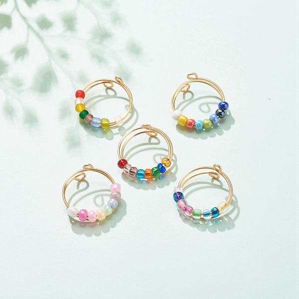 

PandaHall Colorful Glass Beaded Rotating Cuff Rings, Copper Wire Wrap Ring for Anxiety Stress Relief, Golden, US Size 10 1/4(19.9mm) Glass