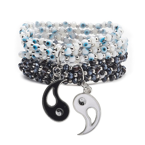 

PandaHall 2Pcs 2 Color Lampwork Evil Eye & Glass Stretch Multi-strand Bracelets Set, Alloy Enamel Yin Yang Matching Couple Bracelets for Men..., Multicolor