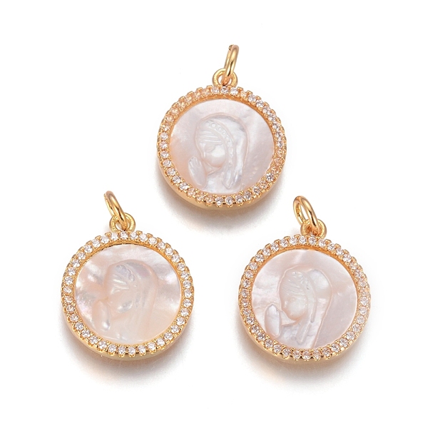 

PandaHall Brass Pendants, with Micro Pave Cubic Zirconia, Shell and Jump Rings, Flat Round with Virgin Mary, Clear, Golden, 18x15x3mm, Hole...
