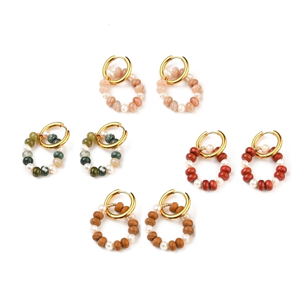 

PandaHall 304 Stainless Steel Huggie Hoop Earring, with Rondelle Natural Gemstone Beads and Natural Pearl Beads, Ring, Golden, 45~47mm, Pin...