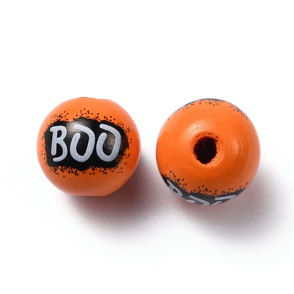 

PandaHall Halloween Printed Natural Wood Beads, Round with Word BOO, Dark Orange, 15.5x14.5mm, Hole: 3.8mm Wood Word