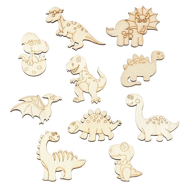 

PandaHall Unfinished Wooden Dinosaur Cutouts, BurlyWood, 25~45x26~44x3mm, 100pcs/style Wood Dinosaur Orange
