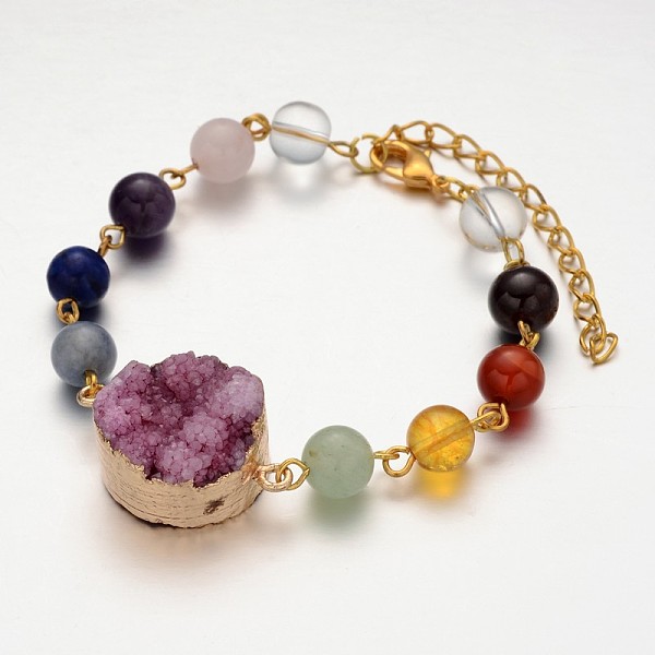 

PandaHall Golden Tone Flat Round Plated Natural Druzy Agate Link Bracelets, with Gemstone Beads, Brass Lobster Claw Clasps and Iron Extender..., Multicolor