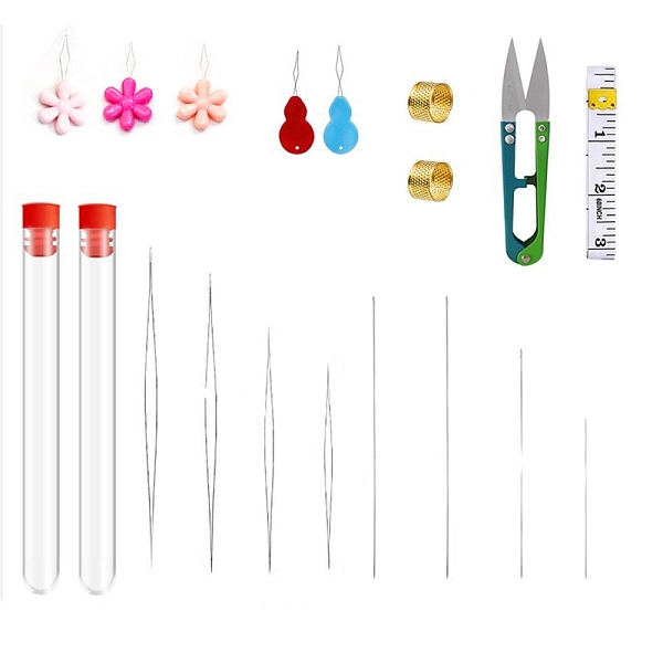 

PandaHall Stainless Steel Sewing Tool Kits, including Collapsible Big Eye Needle, Needle, Thread Guide, Thimble, Scissor, Tape Measure..., Multicolor