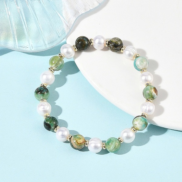 Bracelets extensibles ronds en jaspe vert naturel de 8 mm et perles de culture d'eau douce pour femmes