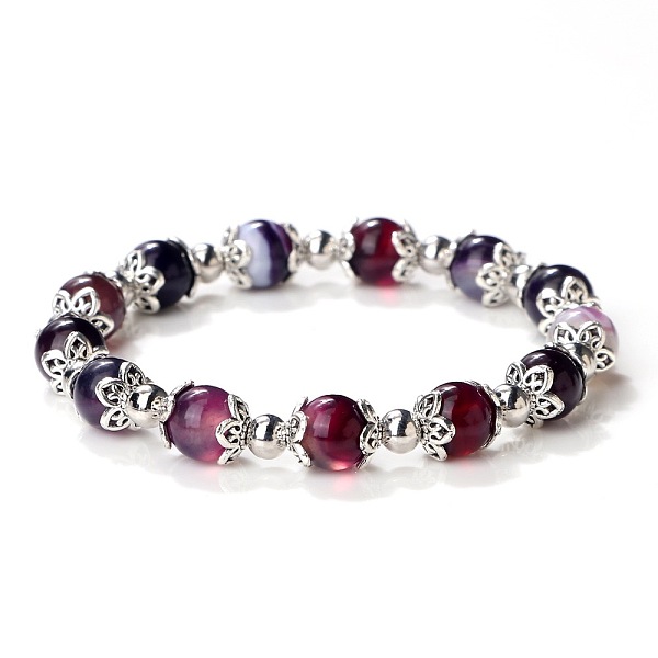 

PandaHall Natural Banded Agate Dyed Round Beaded Stretch Bracelets for Women Banded Agate Round