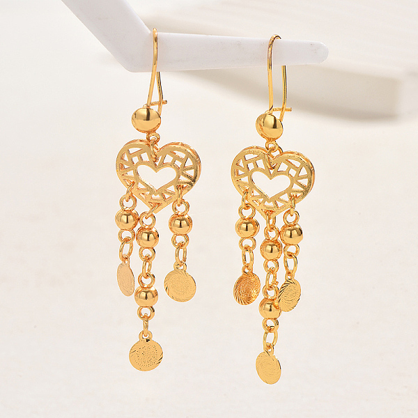 Fashionable And Elegant Gold Plated Brass Coin Heart Tassel Dangle Earrings For Women