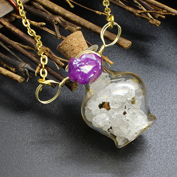 PandaHall Natural Quartz Crystal Chips Perfume Bottle Necklace, Glass Pendant Necklace with Alloy Chains for Women, 19.69 inch(50cm) Quartz...