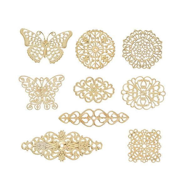 PandaHall Brass Filigree Joiner, Mixed Shapes, Golden, 95x70x30mm, 40pcs/box Brass Mixed Shapes