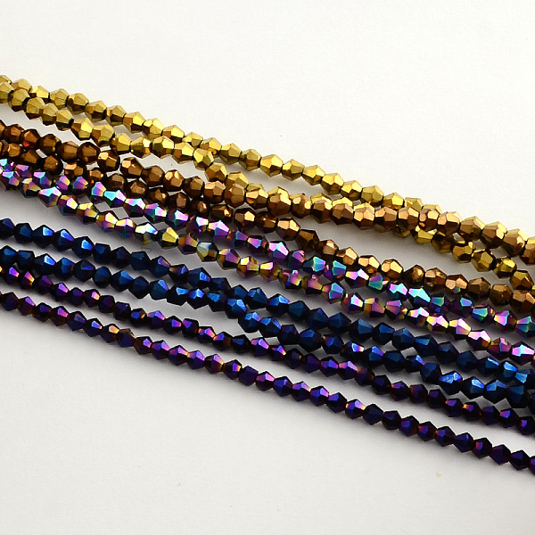 

PandaHall Electroplate Glass Bead Strands, Rainbow Plated, Faceted Bicone, Mixed Color, 3x3.5mm, Hole: 1mm, about 113~115pcs/strand...