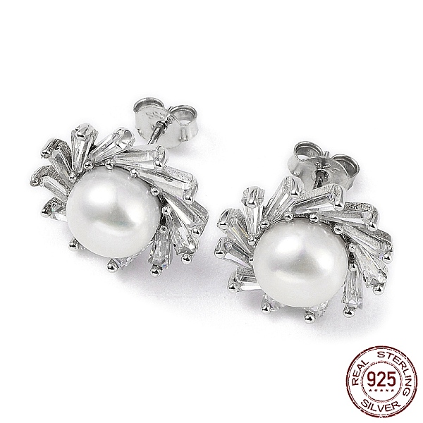

PandaHall Rhodium Plated 925 Sterling Silver Micro Pave Cubic Zirconia Sun Stud Earrings for Women, Natural Pearls Beaded Earrings, Platinum...