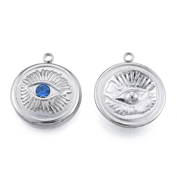 

PandaHall 304 Stainless Steel Pendants, with Sapphire Rhinestone, Flat Round with Eye, Stainless Steel Color, 17.5x15x3mm, Hole: 1.5mm..., Blue