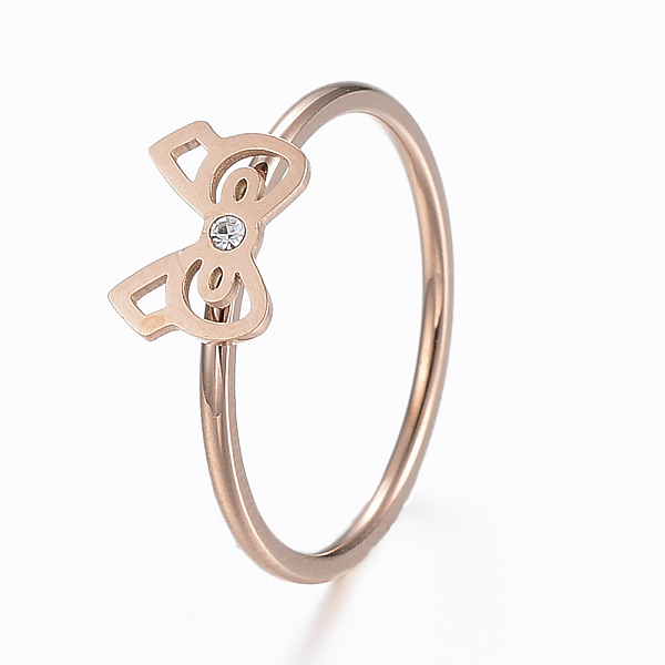 

PandaHall 304 Stainless Steel Finger Rings, with Rhinestone, Bowknot, Mixed Size, Rose Gold, 16~18mm Stainless Steel+Rhinestone Clear