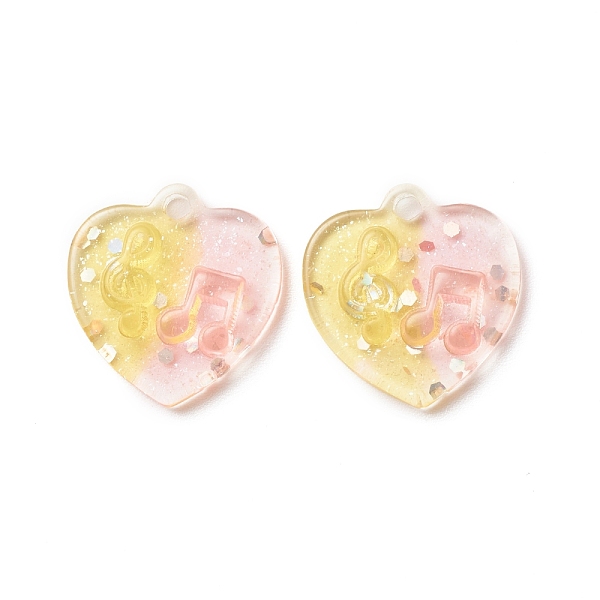 PandaHall Two Tone Transparent Resin Pendants, with Glitter Powder, Heart Charm with Music Note Pattern, Pink, Gold, 20x20x5mm, Hole: 2mm...