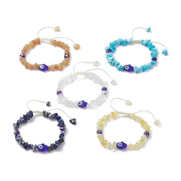 

PandaHall Natural & Synthetic Mixed Gemstone Chips Braided Bead Bracelet, Lampwork Hamsa Hand with Evil Eye Adjustable Bracelet for Women..., Multicolor