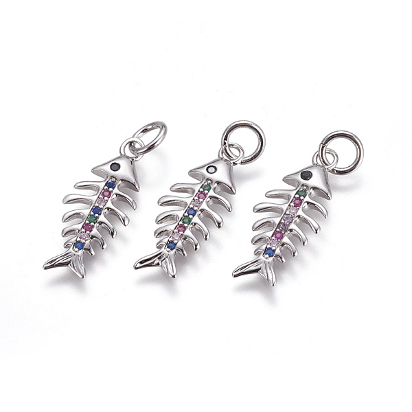 

PandaHall Brass Pendant, with Cubic Zirconia, Fish Bone, Colorful, Platinum, 22x9.5x2.5mm, Hole: 4mm Brass+Cubic Zirconia Fish