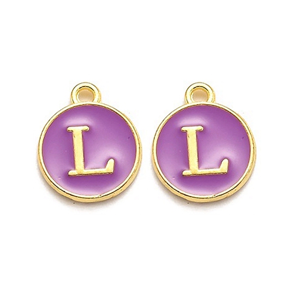 

PandaHall Golden Plated Alloy Enamel Charms, Enamelled Sequins, Flat Round with Alphabet, Letter.L, Purple, 14x12x2mm, Hole: 1.5mm...