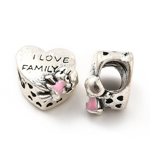 

PandaHall Rack Plating Alloy Enamel European Beads, Large Hole Beads, Heart with Girl & Word I Love Family, Antique Silver, 12x12x9mm, Hole..., Pink